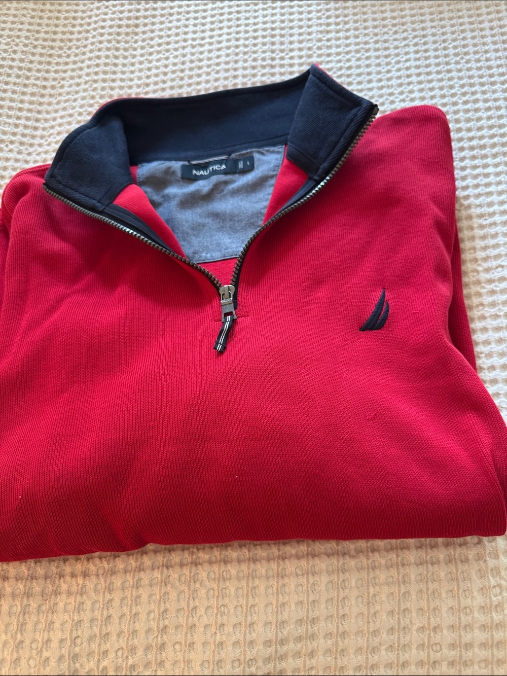 Nautica Men’s Red Zip-Front Sweater with Navy Trim